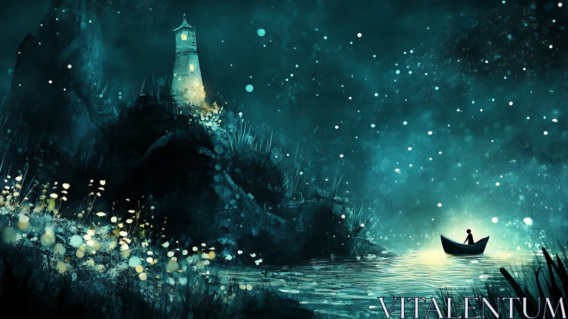 Nocturnal lake boat under lighthouse with bioluminescent glow
