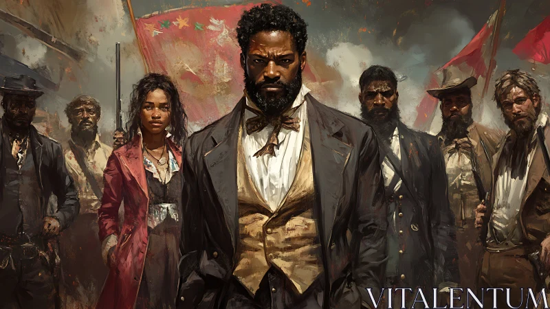 Defiant leaders stand united in a storm of change and hope.