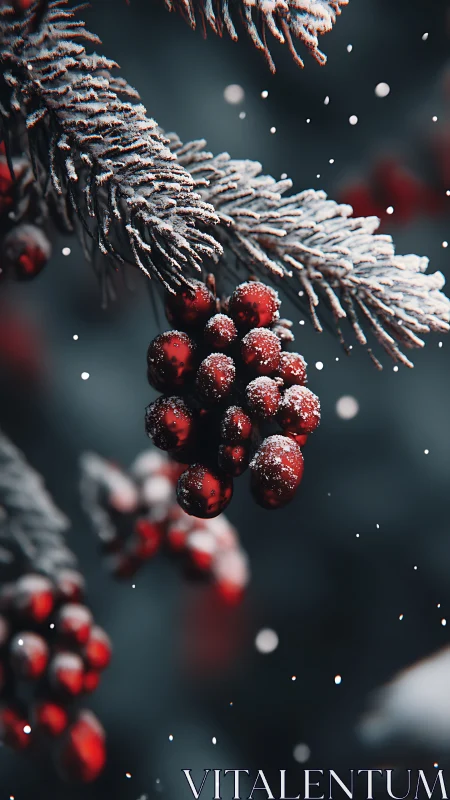 Snow dusted red berries hang beneath frosted pine needles