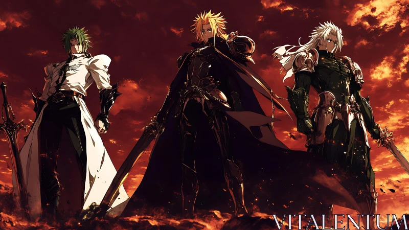 Blazing triad of armored swordsmen under a burning sky.