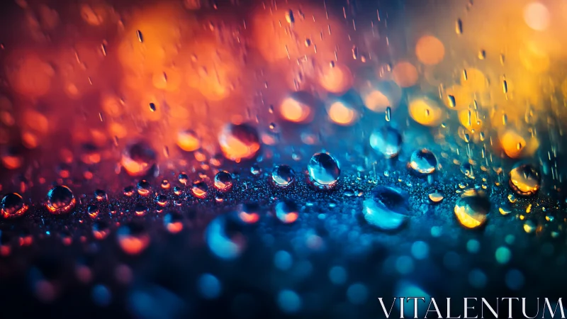 Prismatic raindrops in neon bokeh across glass surface.