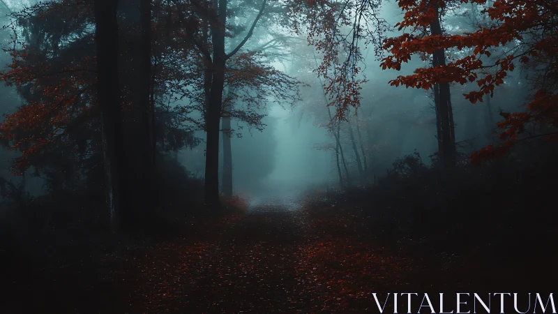 Moody misted forest path with cinematic low-key lighting.