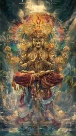 Celestial golden deity meditates amid swirling cosmic light