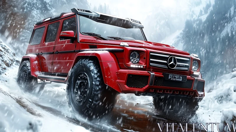 High-clearance red SUV powers through dynamic snowy mountain terrain