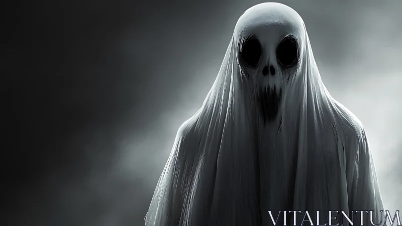 Spectral entity in draped shroud under moody chiaroscuro lighting.