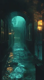 Narrow covered passage with rain and reflective puddles.
