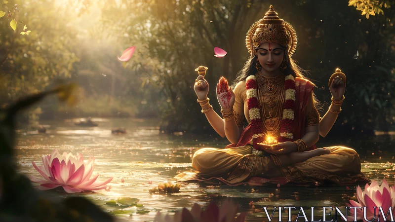 Golden goddess meditating on lotus-filled river at sunrise