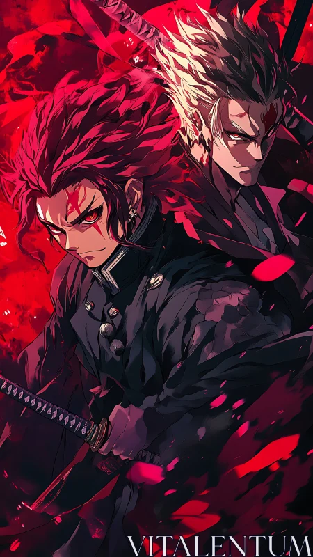 Bilateral katana duelists in crimson particulate vortex field.