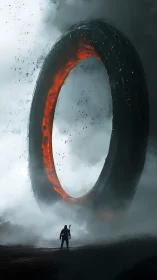 Lone explorer confronting colossal molten ring anomaly.