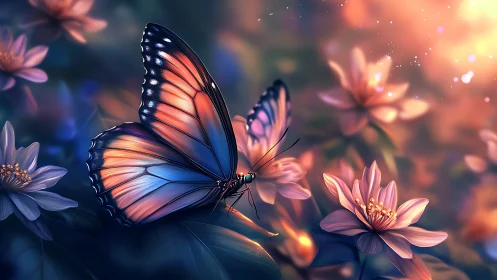 Butterfly with blue and orange wings on soft pink flowers.