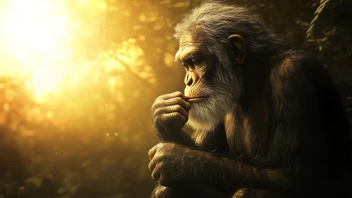 Side-lit primate subject sits in forest environment at dusk