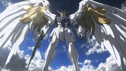 Winged humanoid mecha in low-angle dynamic shot with metallic specular highlights