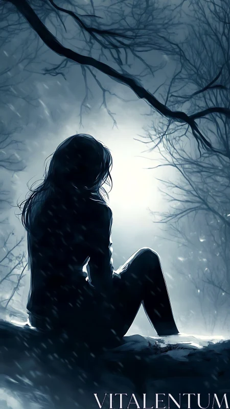 Solitary figure watches snowfall beneath a glowing winter moon.