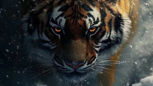 Intense snowlit tiger gaze shares wild strength and quiet grace