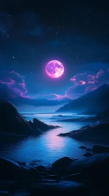 Neon moon drapes a midnight cove in violet-tide whispers