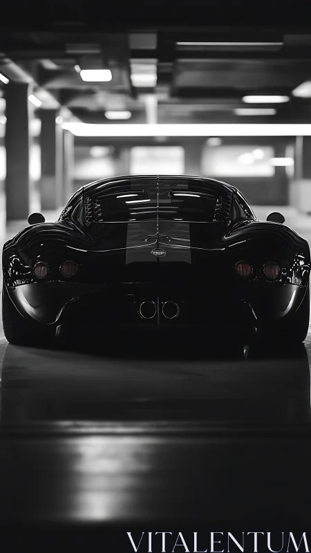 Midnight supercar waits in shadows of a neon-lit garage.