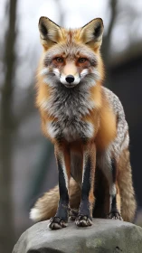 Red fox poised on rock with sharp, attentive gaze.