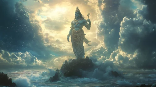 Colossal oceanic deity rendered in luminous storm clouds.
