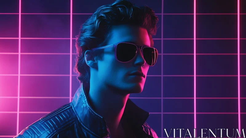 Retro-futuristic portrait in neon grid with glossy leather jacket.