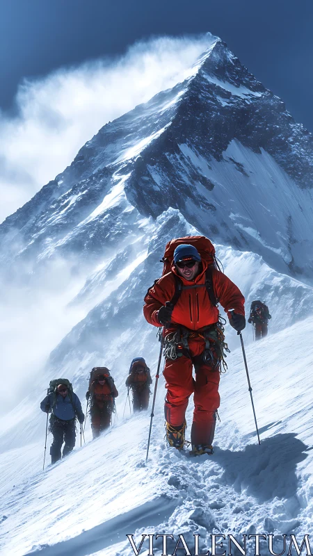 High-altitude mountaineers ascending steep glaciated summit face