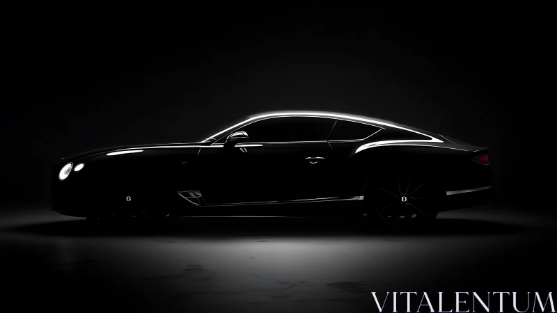 Sleek luxury coupe in low key profile with dramatic rim lighting