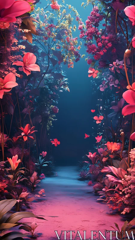 Luminous floral tunnel with neon pink botanicals at dusk.