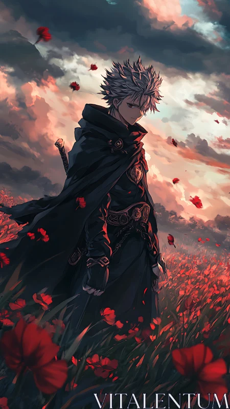 Cloaked swordsman walking through red poppy field.