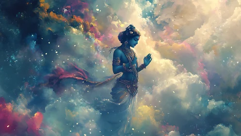 Celestial blue deity in radiant prismatic nebula clouds.