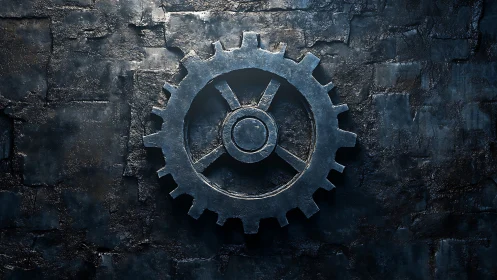 Weathered iron gearwheel hums quietly on a shadowed wall