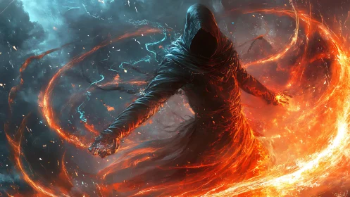 Hooded elemental mage commands swirling fire in storm
