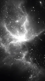 High-contrast monochrome stellar nebula with dense starfield