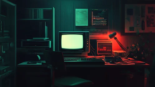 Retro cyber workstation under duotone teal and red lighting.