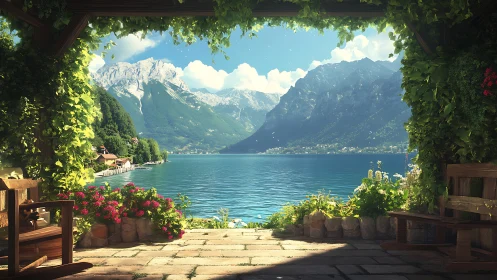 Lakeside terrace frames tranquil mountains and bright water.