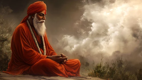 Meditative sage in orange robes before stormlit clouds.
