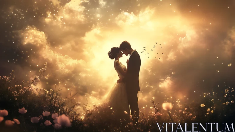 Couple's Silhouette Kissing in Golden Sunlit Meadow.