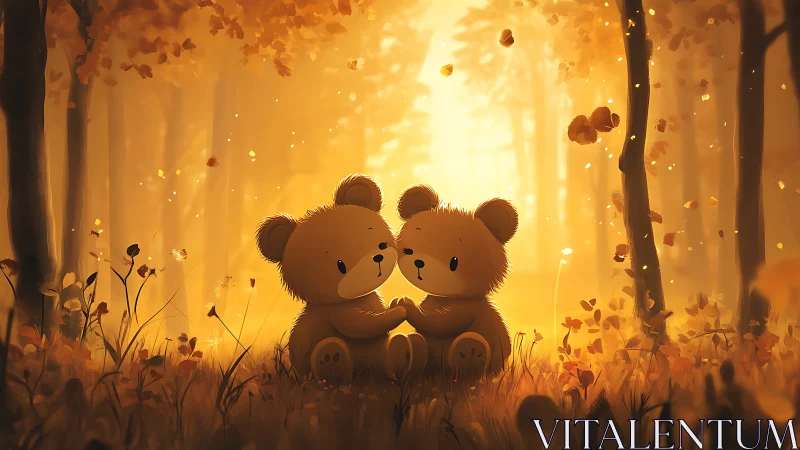 Two Bears Embrace in Golden Autumn's Glowing Reverie.