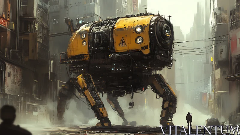 Curious yellow street walker robot explores misty city.