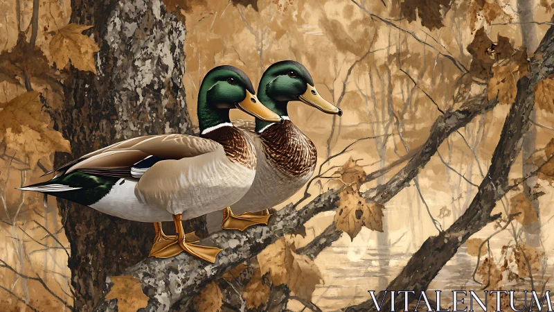 Mallard duet balances on autumn branches above quiet water