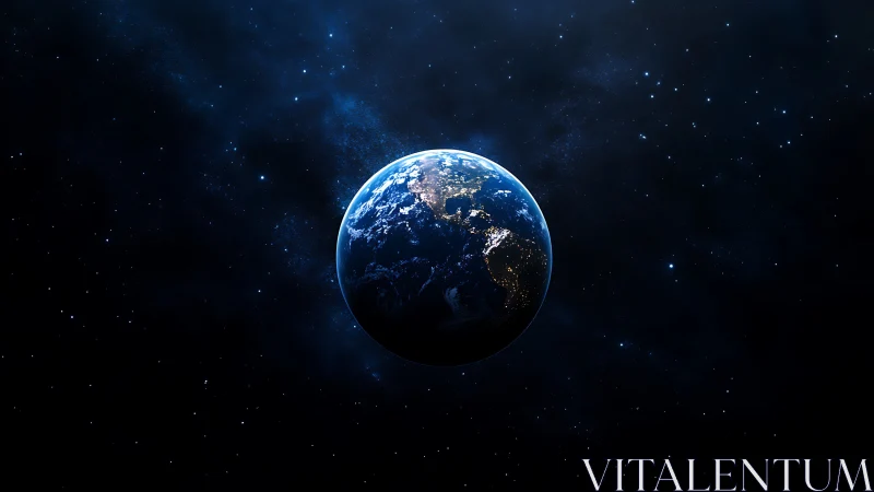 Illuminated Earth hemisphere with city lights in deep space