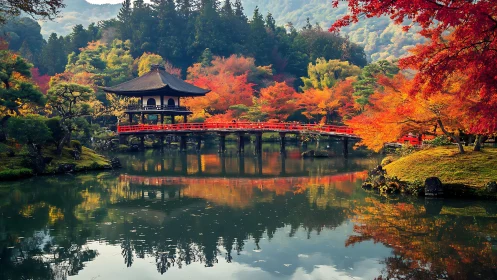 Japanese pavilion and bridge span reflective autumn garden pond