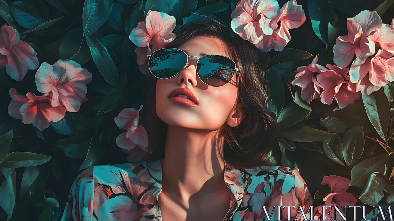 Woman wearing sunglasses lies among pink flowers and leaves