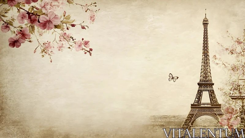 Vintage floral Paris skyline with Eiffel Tower illustration