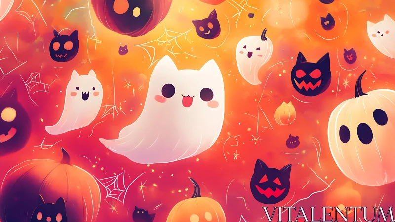 Friendly ghosts and glowing pumpkins in cozy night sky.