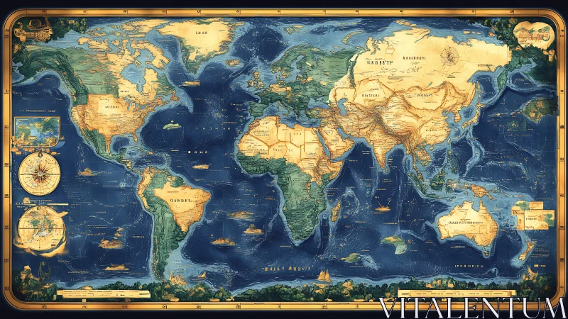 World map illustration shows continents with nautical details
