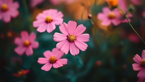 Whisper-soft pink cosmos bloom in a twilight garden hush.