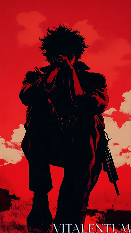 Silhouetted gunslinger folds into crimson storm of memory