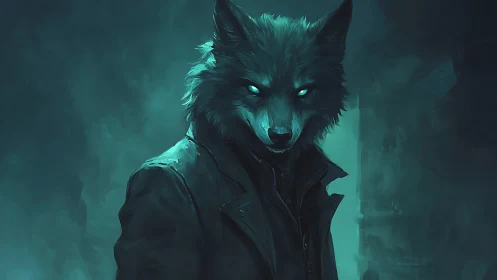 Luminous-eyed wolf humanoid in teal cinematic backlighting.