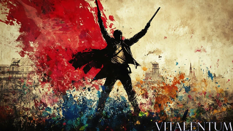 Silhouetted rebel rises through explosive urban color storm.