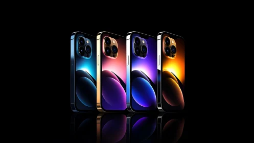 Photorealistic premium smartphones in gradient chromatic lineup.
