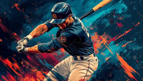 Baseball batter swings bat amid abstract digital motion field